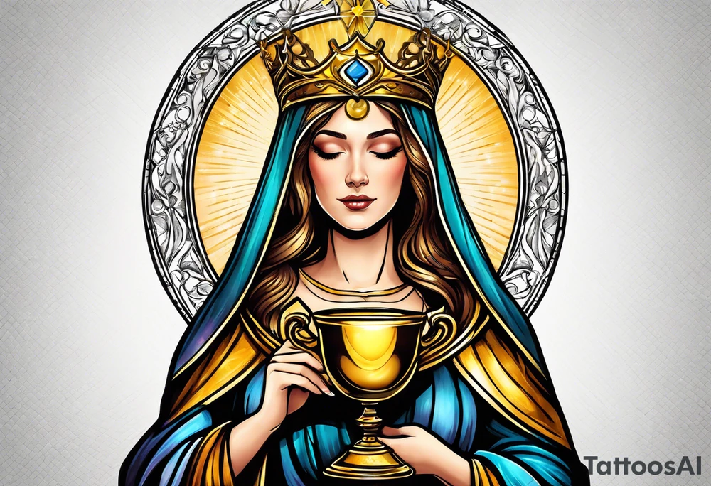 holy saint woman with golden halo holding a chalice tattoo idea
