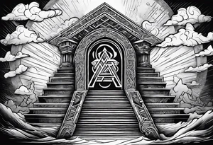 Valhalla stairs 
Valhalla stairs sword shield  axe 
Valknut  ruins lightnings tattoo idea