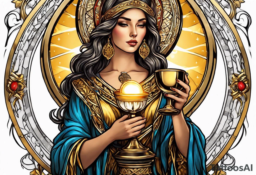 woman saint holding chalice surrounded by golden halo tattoo idea