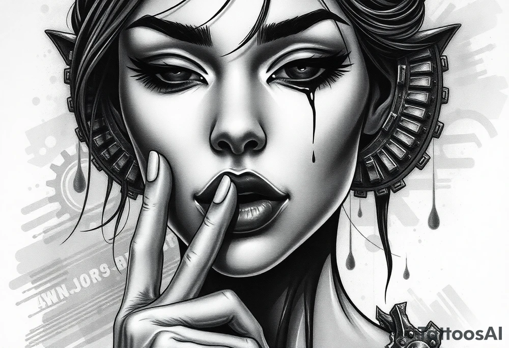 Black and grey realism tattoo design of a beautiful woman's face. Both her eyes wide shit closed  (see no evil), her left index finger is at her lips (speak no evil). Her ears are dripping blood that is steaming down her neck and cheek. Make the ears noticeablly bleed The style is black and grey realism, hyper-realistic, dark, and evil. Incorporate ninja gear elements and mechanical details (gears) subtly into the background or clothing for a gear ninja evil look. Design for a full forearm sleeve placement tattoo idea