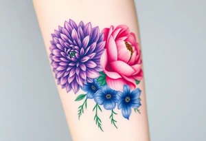 Purple Chrysanthemum, pink Peony, and dark blue Larkspur bouquet tattoo idea