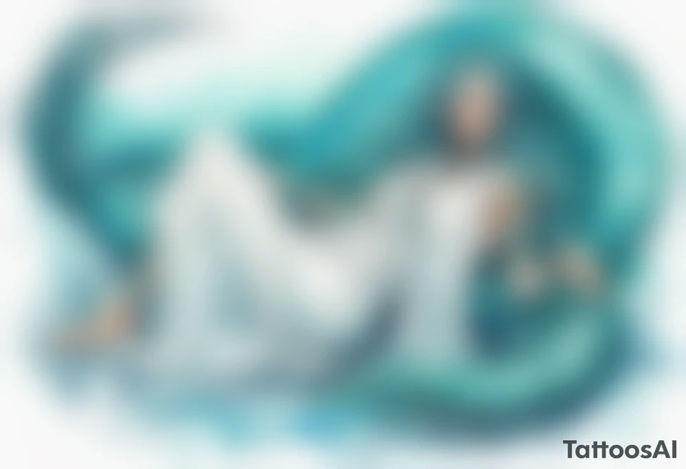 A beautiful undine with turquois scales wearing a white robe, laying on the shore tattoo idea