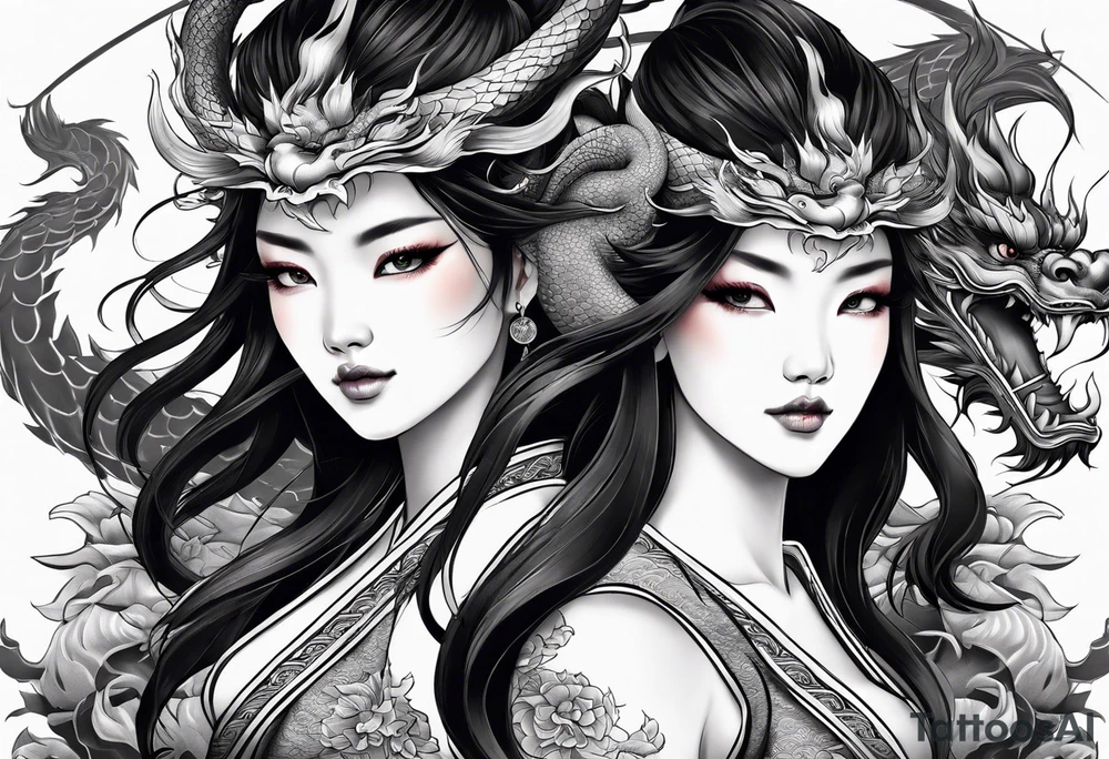 two Chinese dragons lady design tattoo idea