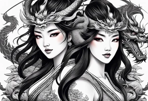 two Chinese dragons lady design tattoo idea