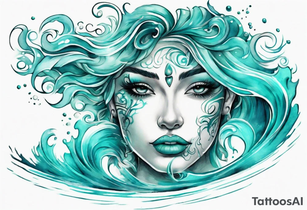 a beautiful turquoise face in an ocean wave tattoo idea