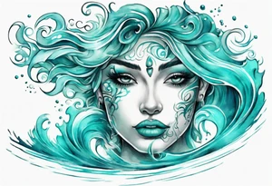a beautiful turquoise face in an ocean wave tattoo idea