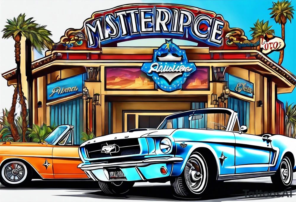 Las Vegas sign, Elvis, Ford Mustang in a border tattoo idea