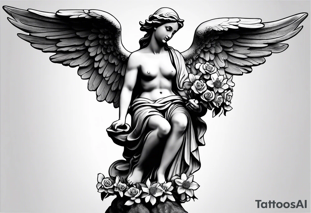 Simple Angel statue stood on a rock with daffodils and roses wrapped around its legs tattoo idea