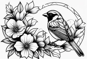 A dark sparrow with flowers in front of geometric shapes tattoo idea