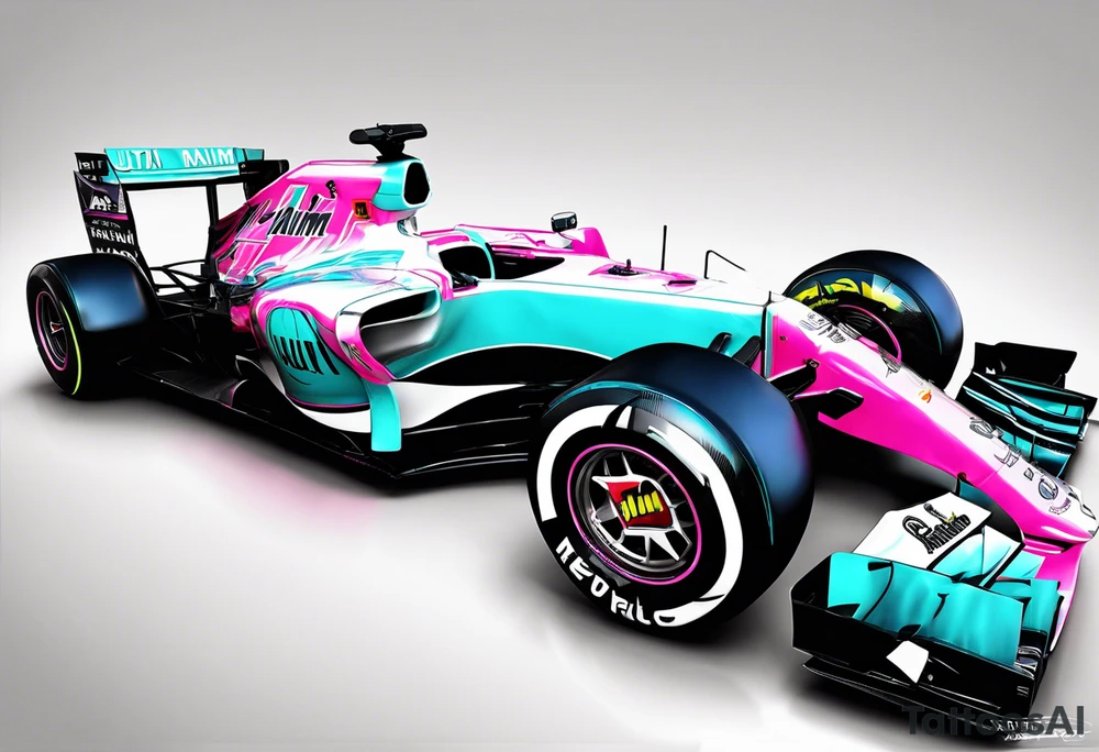 Formula 1 helment with the Miami name a palm tree and light blue black and pink colors tattoo idea