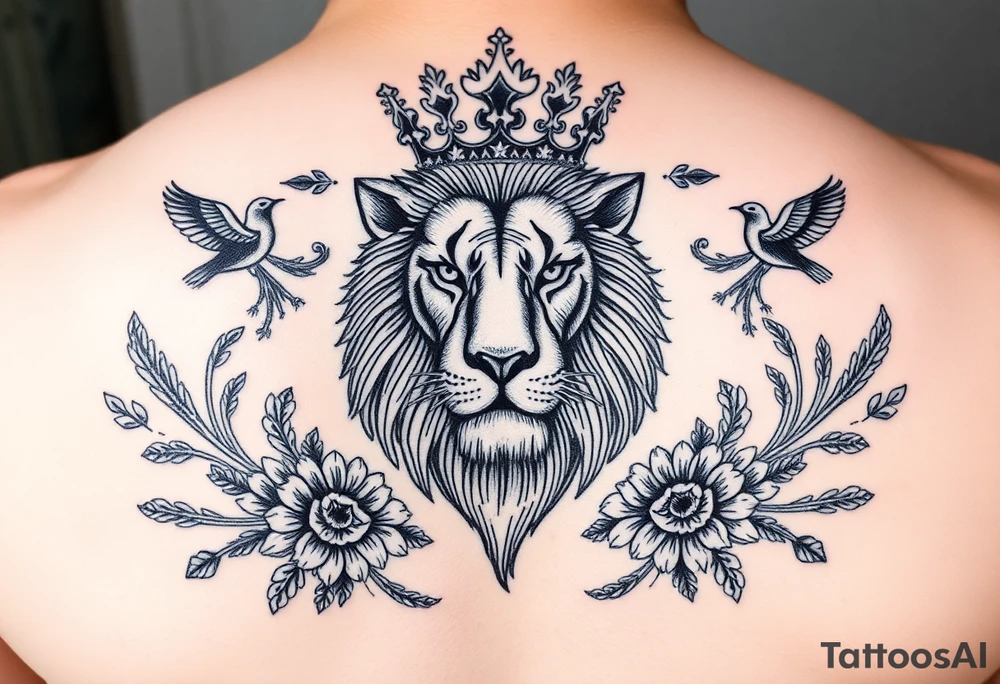 powerful majestic lion with a crown, surrounded by floral ornaments and birds tattoo idea