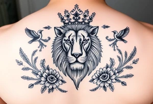 powerful majestic lion with a crown, surrounded by floral ornaments and birds tattoo idea