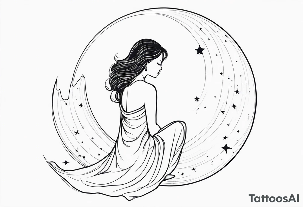 Woman sitting on a moon with opem hair over one shoulder wearing a dress with an open back seen from behind looking up at the stars. As a one line tattoo tattoo idea