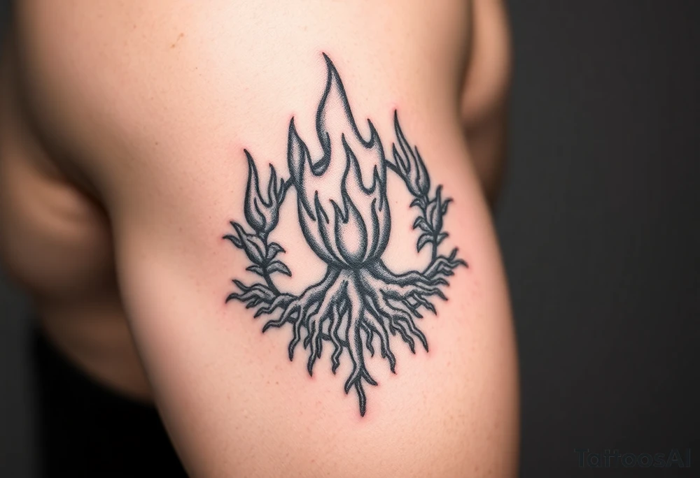 flame and blooming roots circle tattoo idea