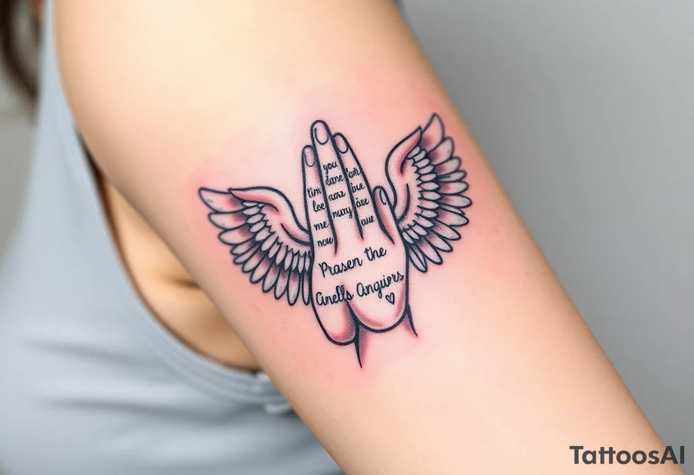 Prayer hand with names mixing in angel wings tattoo idea