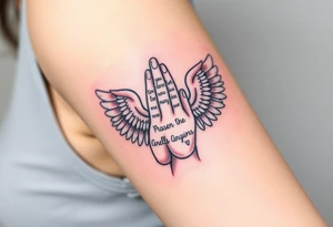 Prayer hand with names mixing in angel wings tattoo idea