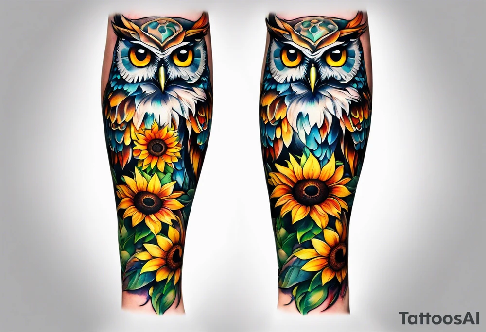 Leg sleeve with colorful sunflowers and an owl tattoo idea