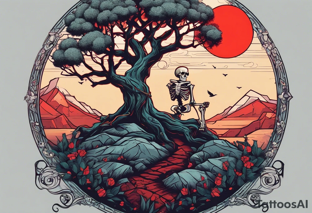 An ancient tree with a skeleton hanging on it. A joker and a skeleton in armor are chained near the tree. A red sun shines above the tree, and skeletons of birds fly tattoo idea