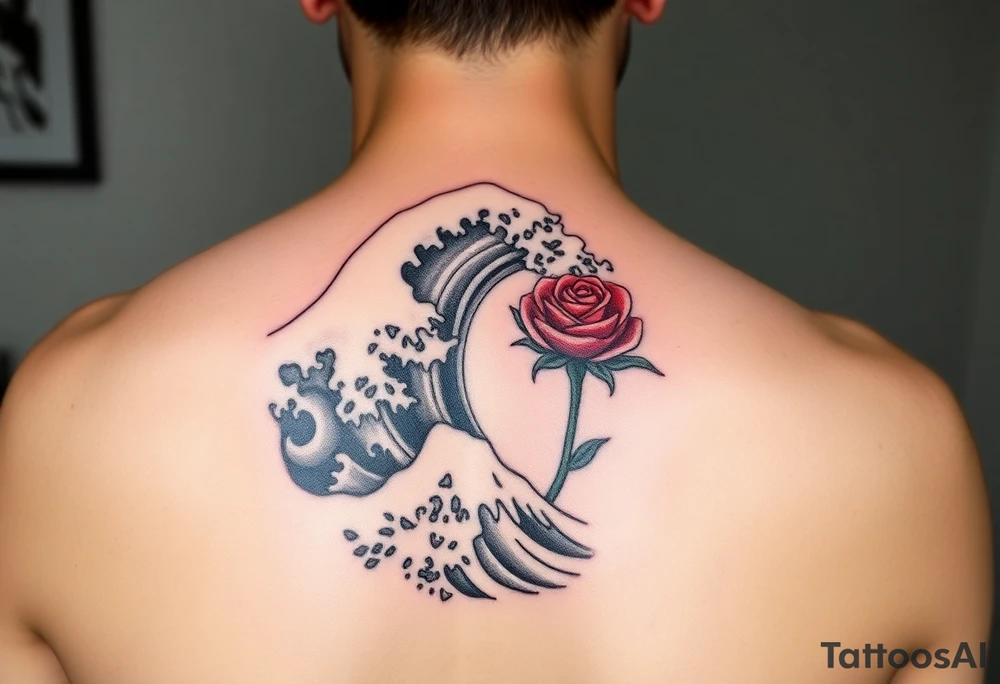 Shoulder tattoo of the Great Wave of Kanagawa in black and white with a beautiful red rose in the space where the wave curves tattoo idea