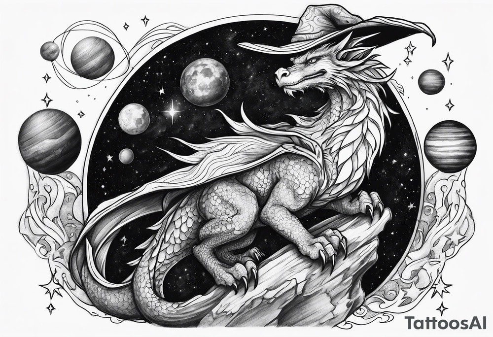 Wizard dragon in space planets tattoo idea