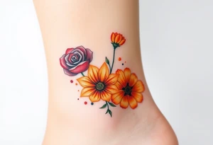 a colorful, vibrant, watercolor tattoo with one red rose, one orange lily, one gold marigold, and one orange cosmos flower and with splashes of color tattoo idea