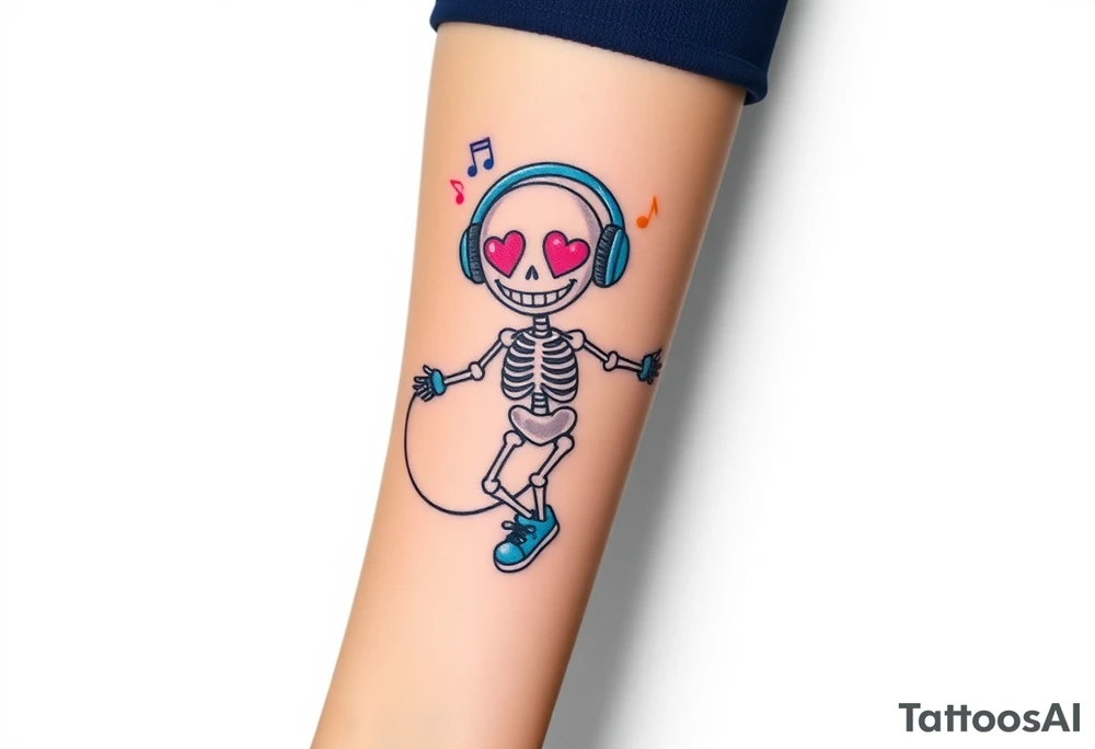 Cute smiley skeleton with heart shape eyes  jumping on a jump rope with both hands blue headphones blue armbands blue sneakers and colorful  music notes around his head tattoo idea