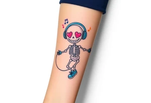 Cute smiley skeleton with heart shape eyes  jumping on a jump rope with both hands blue headphones blue armbands blue sneakers and colorful  music notes around his head tattoo idea