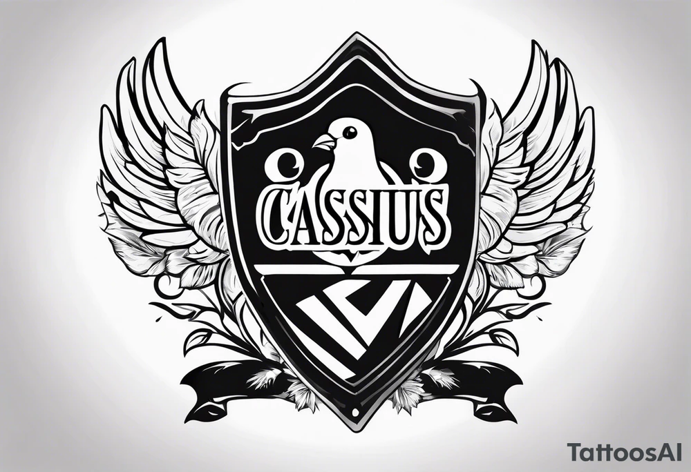 the name 'cassius rafiki mckenzie' written on a shield with a small dove and a bigger dove next to it tattoo idea