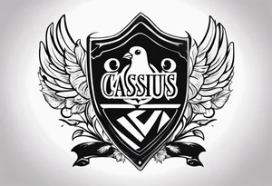 the name 'cassius rafiki mckenzie' written on a shield with a small dove and a bigger dove next to it tattoo idea