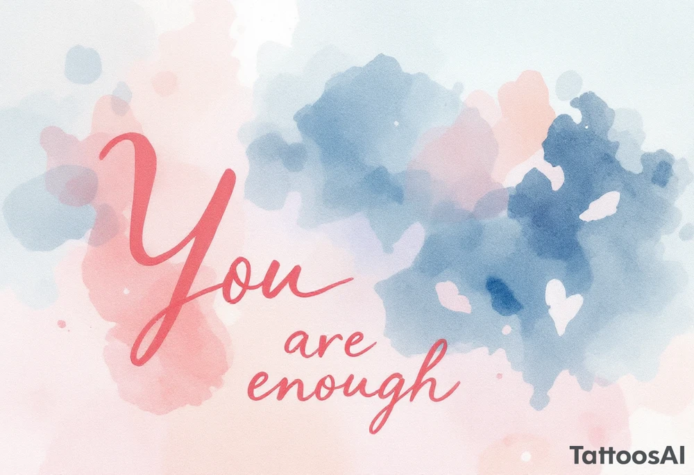 “You are enough” in dusty rose with a faint watercolor background of pastel blues and pinks. tattoo idea
