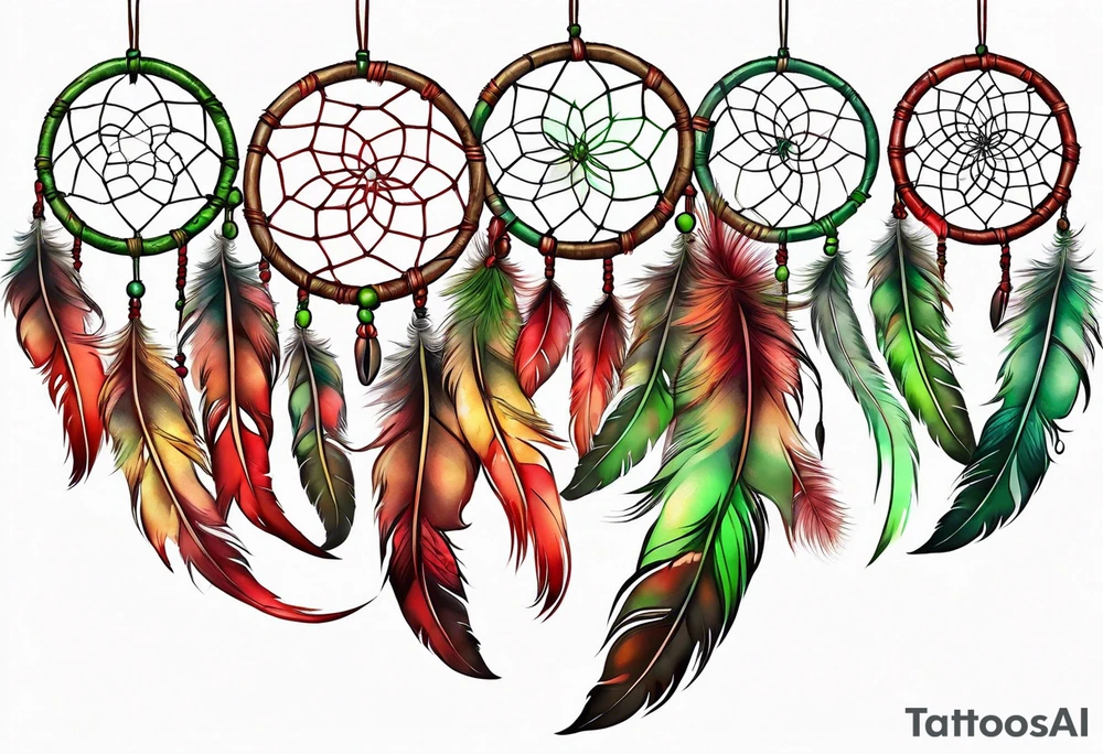 dreamcatcher with 3 feathers red green tattoo idea