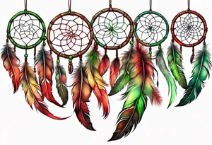 dreamcatcher with 3 feathers red green tattoo idea