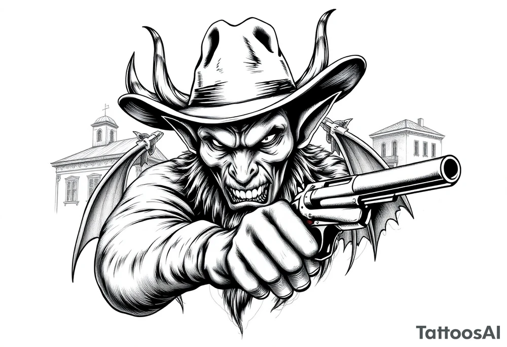 a demon with cowboy-hat ,a gun in a hand, old buildings in the background. tattoo idea