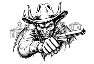 a demon with cowboy-hat ,a gun in a hand, old buildings in the background. tattoo idea