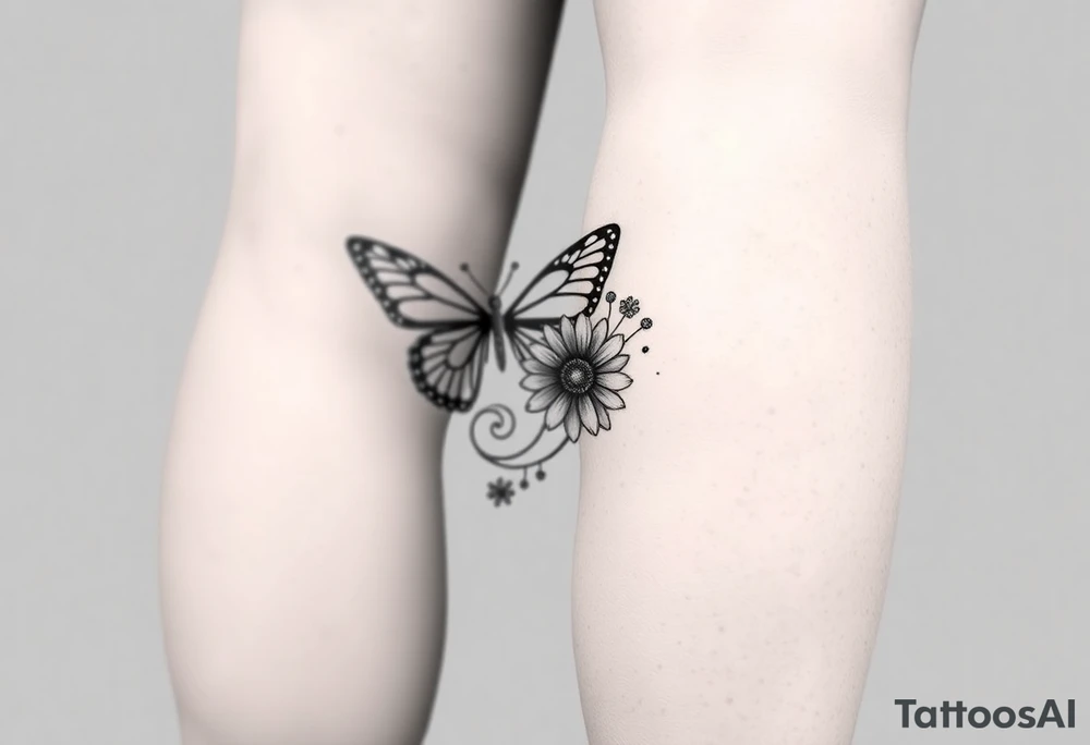 swirl pattern with butterfly and daisy leg tattoo design drawon on leg. i want to sell this in zepeto tattoo idea