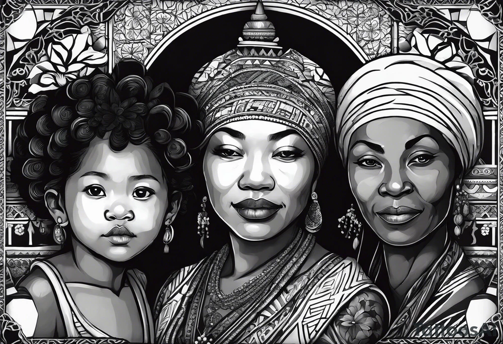 three people leaning against each other. on the left a really very young african daughter, in the middle a german mother, on the right a really very old asian grandmother. big difference in age, in an artfully decorated frame tattoo idea