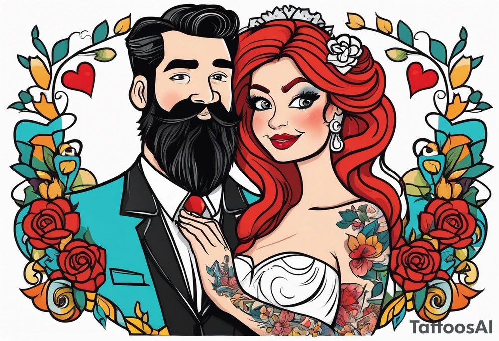 Busty red haired woman with a bearded man who has black hair getting married tattoo idea