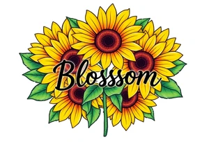 Sunflowers with “Blossom” written through the middle of them tattoo idea
