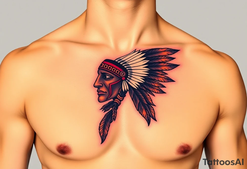 Native American chest in full color male left peck tattoo idea