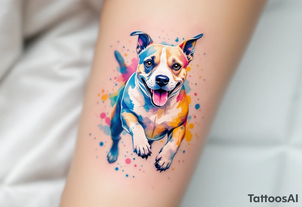 Stafford in Watercolor Style – A cheerful Stafford dog mid-run, surrounded by splashes of vibrant blue, pink, and yellow watercolor strokes. tattoo idea