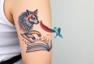 An open book with a werewolf, an owl & a dragon and a phoenix flying/running around the book tattoo idea