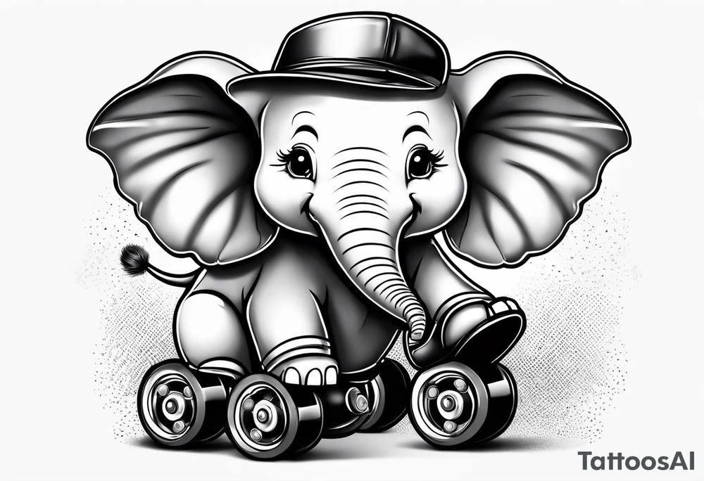 Cartoon baby elephant wearing roller skates tattoo idea
