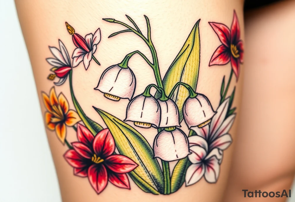 White lily in the valley bells with other different colored lilies surrounding tattoo idea