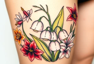 White lily in the valley bells with other different colored lilies surrounding tattoo idea
