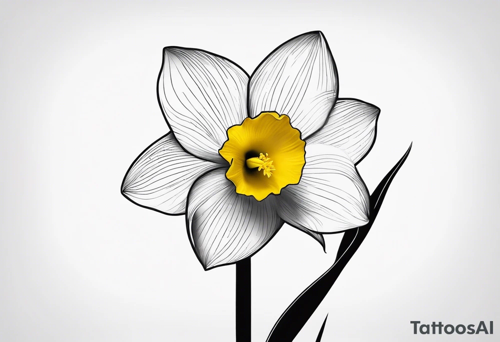 A minimalist daffodil flower. Let the daffodil flower be minimalist and have yellow lines. And has a 52o flowers. Let the stem of the flower extend downwards and instead of the stem write "muadil" in cursive tattoo idea