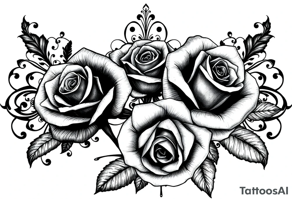 Roses with dark and filigree patterns in background tattoo idea