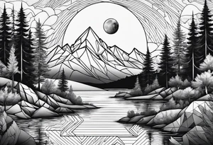 Large geometric nature tattoo with moutains, lake, forest, and a moon. tattoo idea