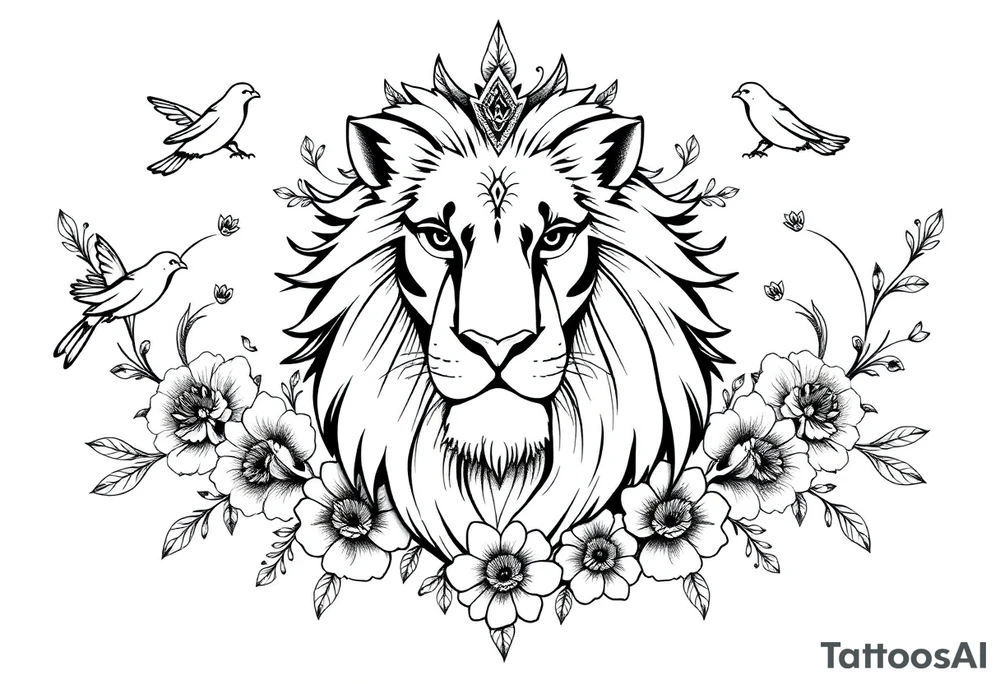 powerful majestic lion with a crown, surrounded by floral ornaments and birds tattoo idea