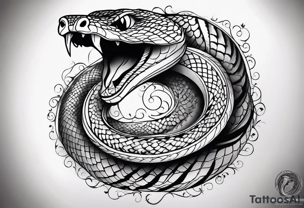 Create a detailed sketch of a snake tattoo. The design should feature a coiled snake with intricate scales and a dynamic, flowing pose. Emphasize the snake's head with a slightly menacing expression, its forked tongue flicking out. Include subtle shading to highlight the texture of the scales and give the design a sense of depth. The overall style should be clean and bold, suitable for a tattoo, with a focus on both artistic and anatomical accuracy. Consider incorporating elements like floral or geometric patterns in the background to complement the snake tattoo idea