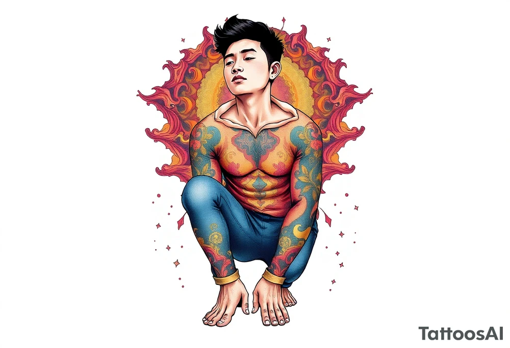 Handsome Asian young guy is standing on his knees and looking down tattoo idea